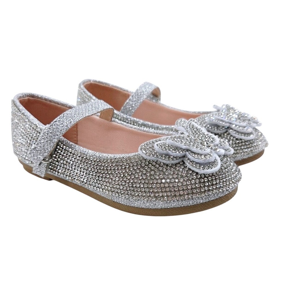 Link Sabina Kids Silver Rhinestone Butterfly Mary Jane Flats - Size 7